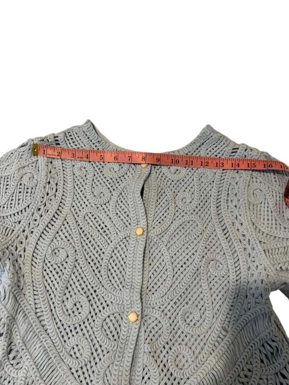 WHBM White House Black Market Blue Crochet Top Puff Sleeve Open Knit Cottagecore - Picture 10 of 14